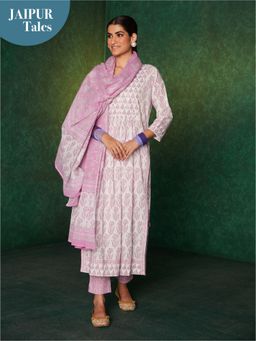 Likha - Inayat Yellow Jaipuri Printed Naira Cut Kurta with Pant LIKSKD134 (Set of 3)