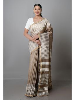 Unnati Silks - Pale Brown Pure Block Printed Chanderi Sico Saree with Unstitched Blouse