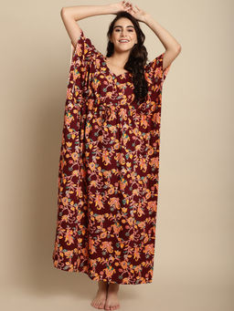 Secret Wish - Maroon & Yellow Batik Print Floral Cotton Kaftan