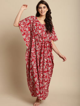 Secret Wish - Red & White Batik Print Floral Cotton Kaftan