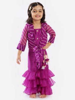 FREE SPARROW - Purple Layered Sharara, Bandhani Jacket & Embellished Bustier (Set of 3)