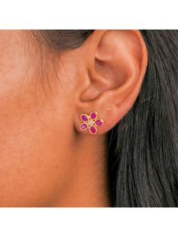 IHA FINE JEWELLERY - Ruby Flower Stud Earrings With Cz Centre In 18K Gold-Plated 925 Silver
