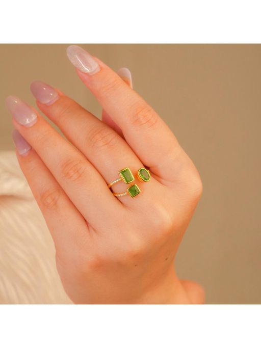 IHA FINE JEWELLERY Triple Emerald Adjustable Ring With Cz Detailing In 18K Gold-Plated 925 Silver