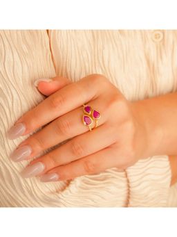 IHA FINE JEWELLERY - Three-Pear Ruby Adjustable Ring With Cz Accents In 18K Gold-Plated 925 Silver