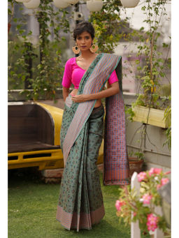 Unnati Silks - Green Pure Block Printed Mangalgiri Cotton Saree with Unstitched Blouse