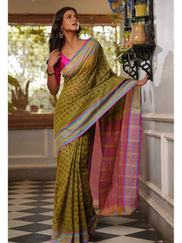 Unnati Silks - Mehndi Green Pure Block Printed Mangalgiri Cotton Saree with Unstitched Blouse