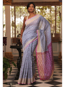 Unnati Silks - Blue Pure Block Printed Mangalgiri Cotton Saree with Unstitched Blouse