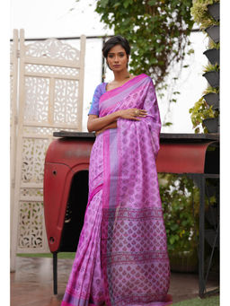 Unnati Silks - Pink Pure Block Printed Mangalgiri Cotton Saree with Unstitched Blouse