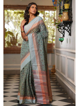 Unnati Silks - Green Pure Block Printed Mangalgiri Cotton Saree with Unstitched Blouse