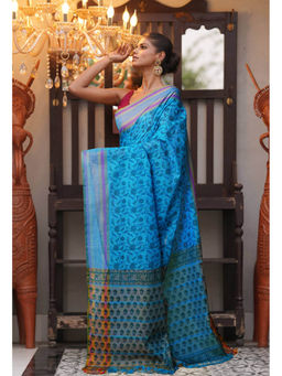Unnati Silks - Blue Pure Block Printed Mangalgiri Cotton Saree with Unstitched Blouse