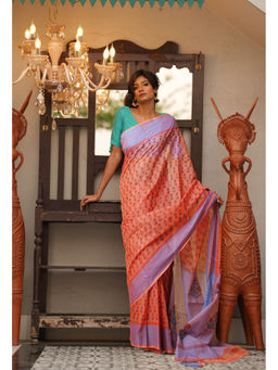 Unnati Silks - Orange Pure Block Printed Mangalgiri Cotton Saree with Unstitched Blouse
