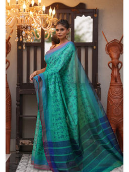 Unnati Silks - Green Pure Block Printed Mangalgiri Cotton Saree with Unstitched Blouse