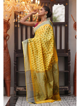 Unnati Silks - Yellow Pure Block Printed Mangalgiri Cotton Saree with Unstitched Blouse