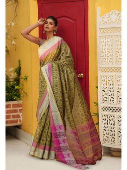 Unnati Silks - Mehndi Green Pure Block Printed Mangalgiri Cotton Saree with Unstitched Blouse