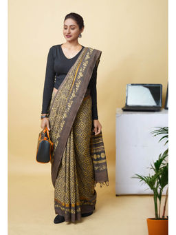 Unnati Silks - Yellow Pure Hand Block Ajrakh Printed Soft Silk Saree with Unstitched Blouse