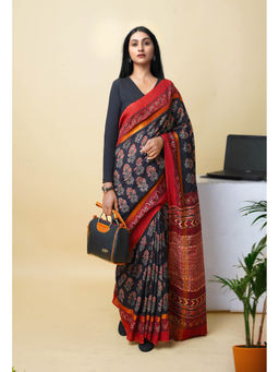 Unnati Silks - Navy Blue Pure Hand Block Ajrakh Printed Soft Silk Saree with Unstitched Blouse