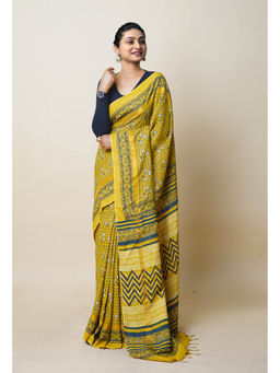 Unnati Silks - Yellow Pure Hand Block Ajrakh Printed Soft Silk Saree with Unstitched Blouse