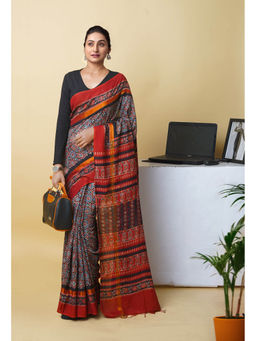 Unnati Silks - Blue Pure Hand Block Ajrakh Printed Soft Silk Saree with Unstitched Blouse