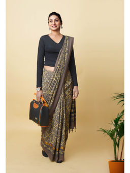 Unnati Silks - Brown Pure Hand Block Ajrakh Printed Soft Silk Saree with Unstitched Blouse