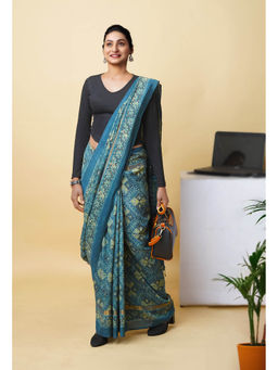 Unnati Silks - Blue Pure Hand Block Ajrakh Printed Soft Silk Saree with Unstitched Blouse