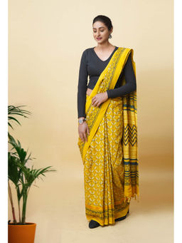 Unnati Silks - Yellow Pure Hand Block Ajrakh Printed Soft Silk Saree with Unstitched Blouse
