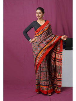 Unnati Silks - Multi Pure Hand Block Ajrakh Printed Soft Silk Saree with Unstitched Blouse
