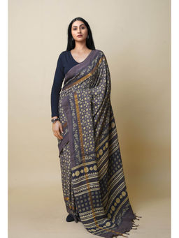 Unnati Silks - Grey Pure Hand Block Ajrakh Printed Soft Silk Saree with Unstitched Blouse