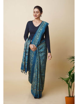 Unnati Silks - Blue Pure Hand Block Ajrakh Printed Soft Silk Saree with Unstitched Blouse