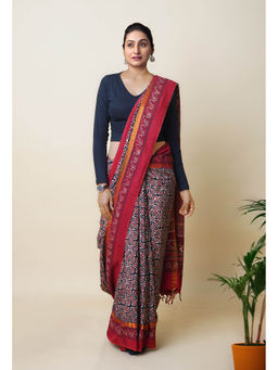 Unnati Silks - Red Pure Hand Block Ajrakh Printed Soft Silk Saree with Unstitched Blouse