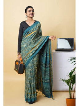Unnati Silks - Blue Pure Hand Block Ajrakh Printed Soft Silk Saree with Unstitched Blouse