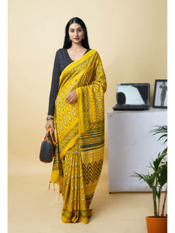 Unnati Silks - Yellow Pure Hand Block Ajrakh Printed Soft Silk Saree with Unstitched Blouse
