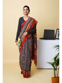 Unnati Silks - Blue Pure Hand Block Ajrakh Printed Soft Silk Saree with Unstitched Blouse