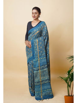 Unnati Silks - Blue Pure Hand Block Ajrakh Printed Soft Silk Saree with Unstitched Blouse