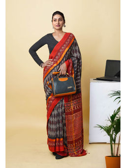 Unnati Silks - Red Pure Hand Block Ajrakh Printed Soft Silk Saree with Unstitched Blouse