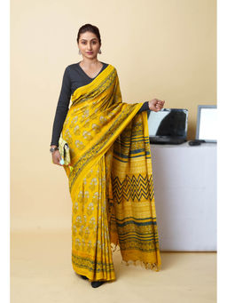 Unnati Silks - Yellow Pure Hand Block Ajrakh Printed Soft Silk Saree with Unstitched Blouse