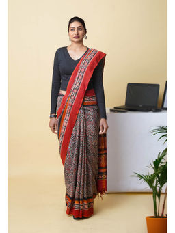 Unnati Silks - Multi Pure Hand Block Ajrakh Printed Soft Silk Saree with Unstitched Blouse