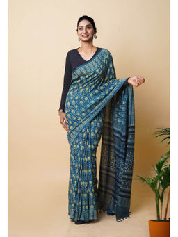 Unnati Silks - Blue Pure Hand Block Ajrakh Printed Soft Silk Saree with Unstitched Blouse