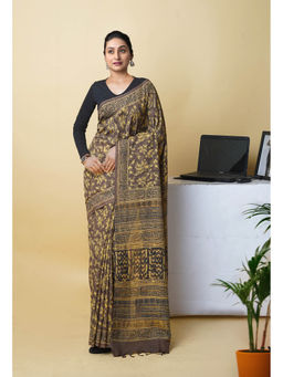 Unnati Silks - Brown Pure Hand Block Ajrakh Printed Soft Silk Saree with Unstitched Blouse