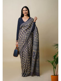 Unnati Silks - Grey Pure Hand Block Ajrakh Printed Soft Silk Saree with Unstitched Blouse