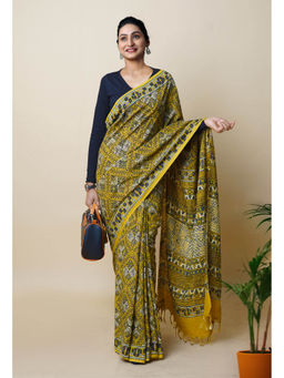 Unnati Silks - Yellow Pure Hand Block Ajrakh Printed Soft Silk Saree with Unstitched Blouse