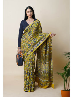 Unnati Silks - Yellow Pure Hand Block Ajrakh Printed Soft Silk Saree with Unstitched Blouse