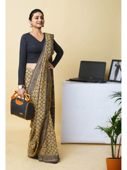 Unnati Silks - Yellow Pure Hand Block Ajrakh Printed Soft Silk Saree with Unstitched Blouse