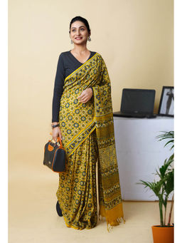Unnati Silks - Yellow Pure Hand Block Ajrakh Printed Soft Silk Saree with Unstitched Blouse