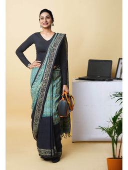 Unnati Silks - Blue Pure Hand Block Ajrakh Printed Soft Silk Saree with Unstitched Blouse