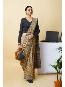 Unnati Silks - Brown Pure Hand Block Ajrakh Printed Soft Silk Saree with Unstitched Blouse