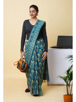Unnati Silks - Blue Pure Hand Block Ajrakh Printed Soft Silk Saree with Unstitched Blouse