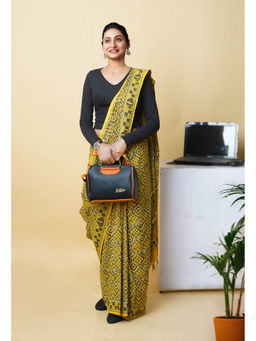 Unnati Silks - Yellow Pure Hand Block Ajrakh Printed Soft Silk Saree with Unstitched Blouse