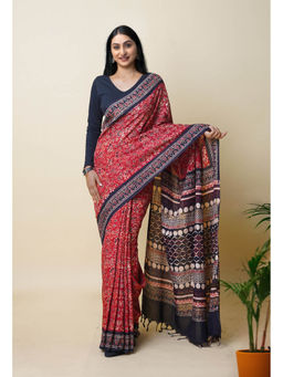 Unnati Silks - Red Pure Hand Block Ajrakh Printed Soft Silk Saree with Unstitched Blouse