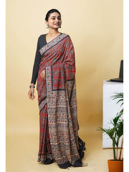 Unnati Silks - Red Pure Hand Block Ajrakh Printed Soft Silk Saree with Unstitched Blouse