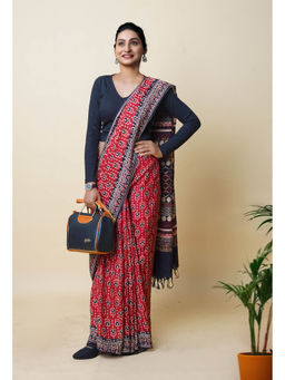 Unnati Silks - Red Pure Hand Block Ajrakh Printed Soft Silk Saree with Unstitched Blouse